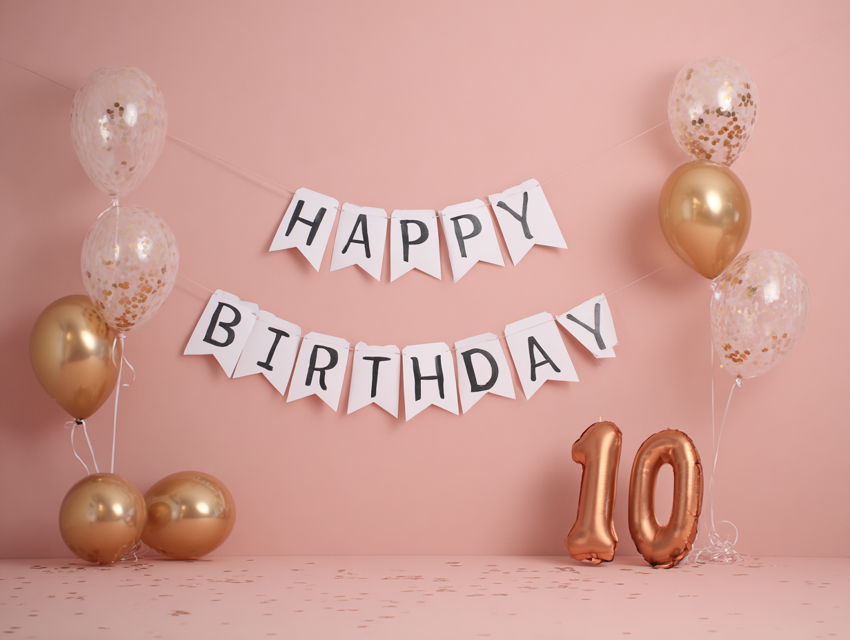 Birthday blog banner with pink background, happy birthday sign, balloons, and gold number 10
