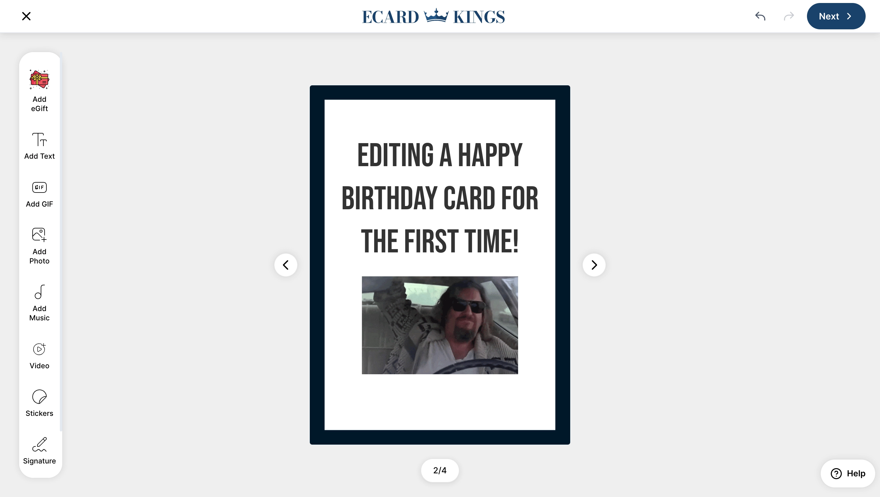 Editing a happy birthday ecard inside the Ecardkings editor.