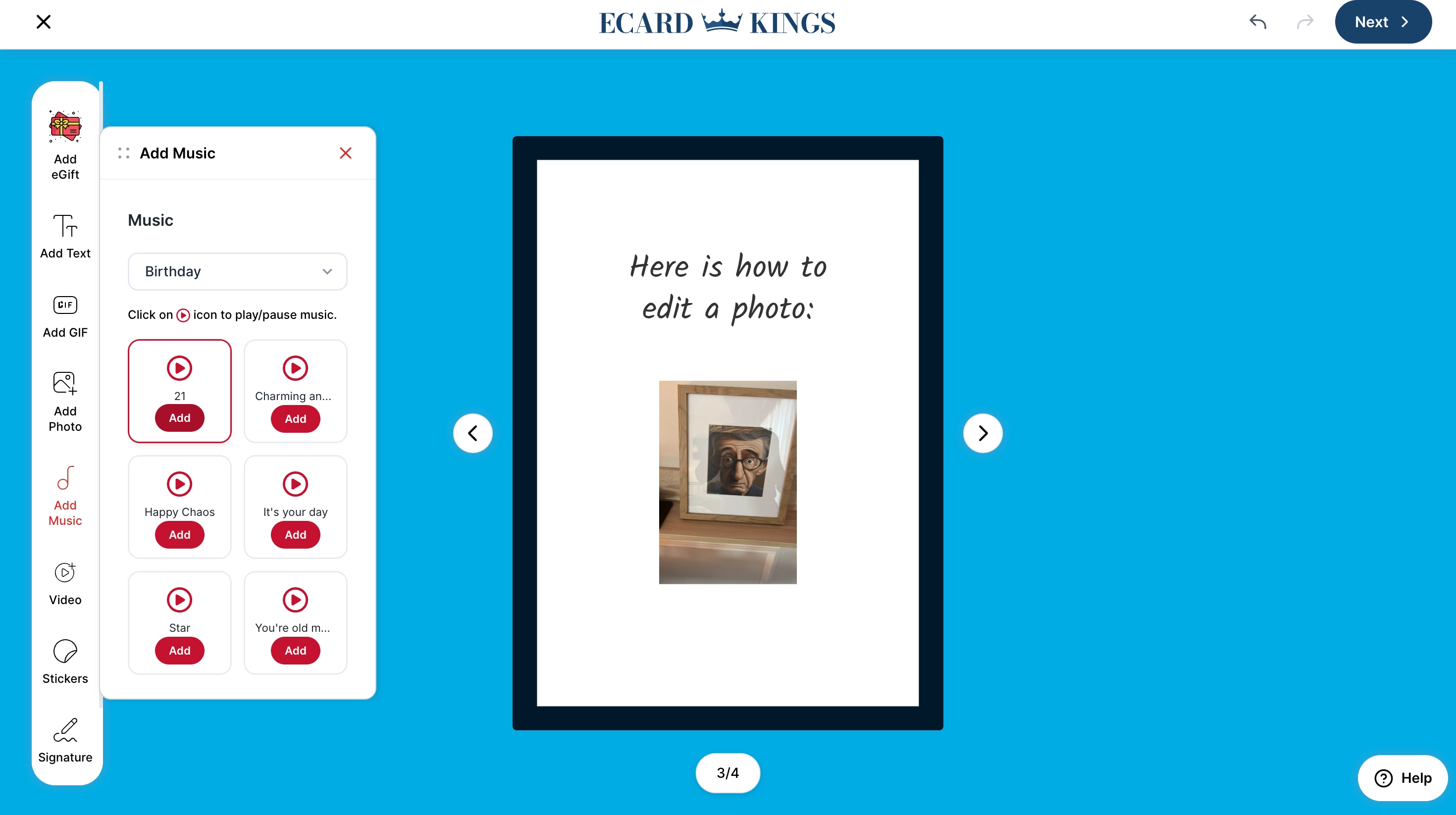 Add music or record a voice message directly inside the editor.