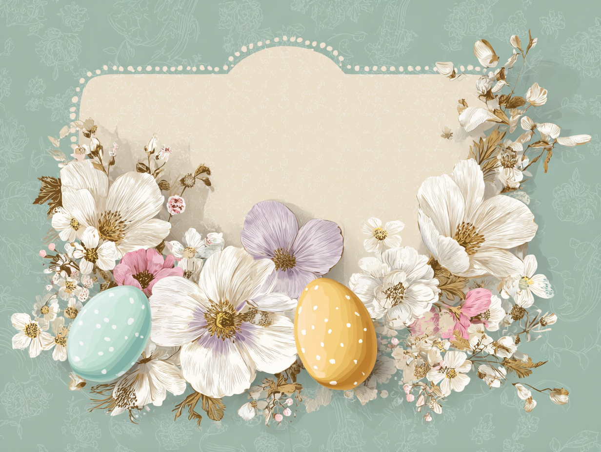 happy easter greeting card design with pastel eggs and spring flowers on soft green background