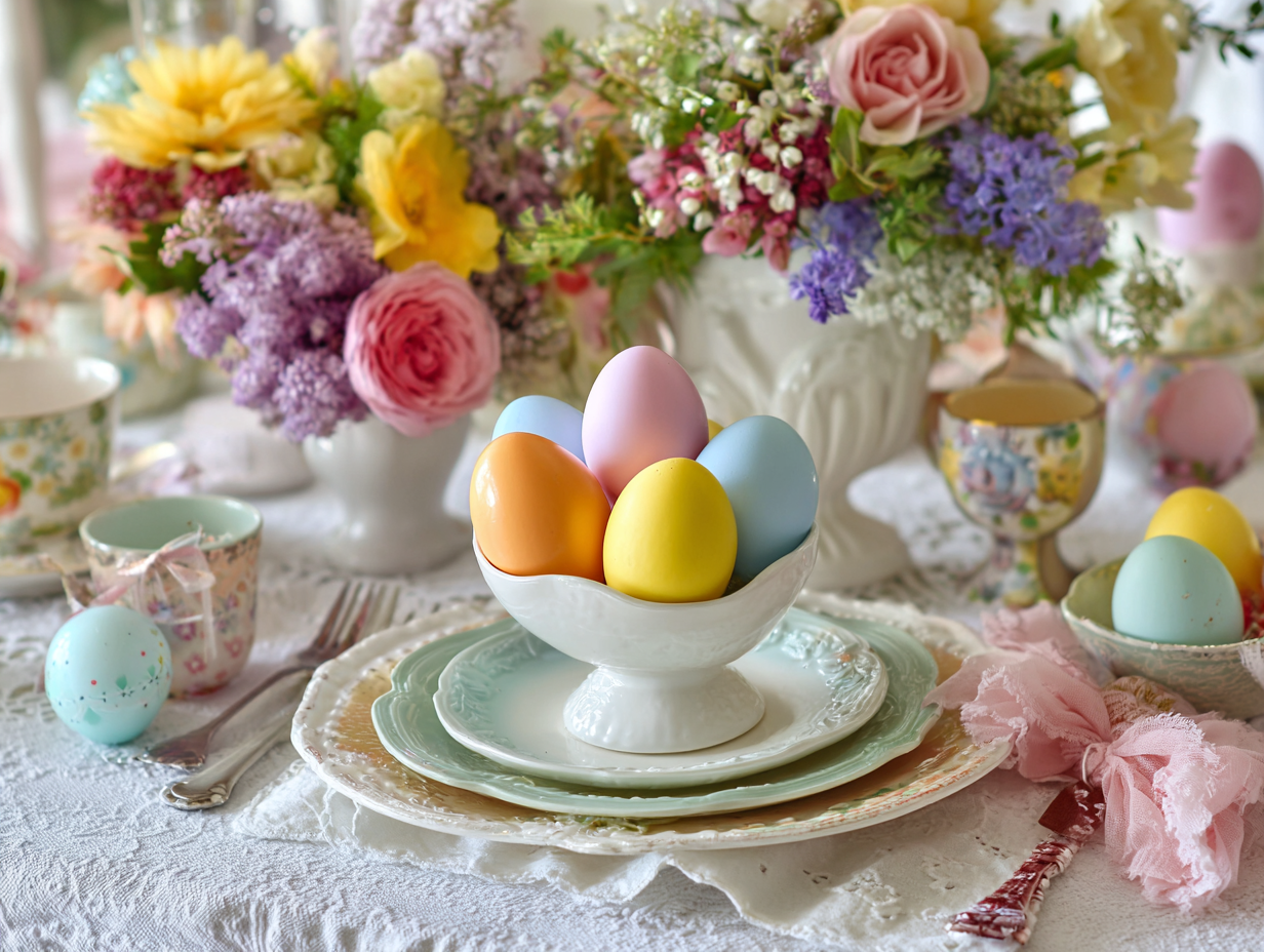 colorful pastel easter eggs in a bowl on a decorated spring easter table with flowers and vintage dishes