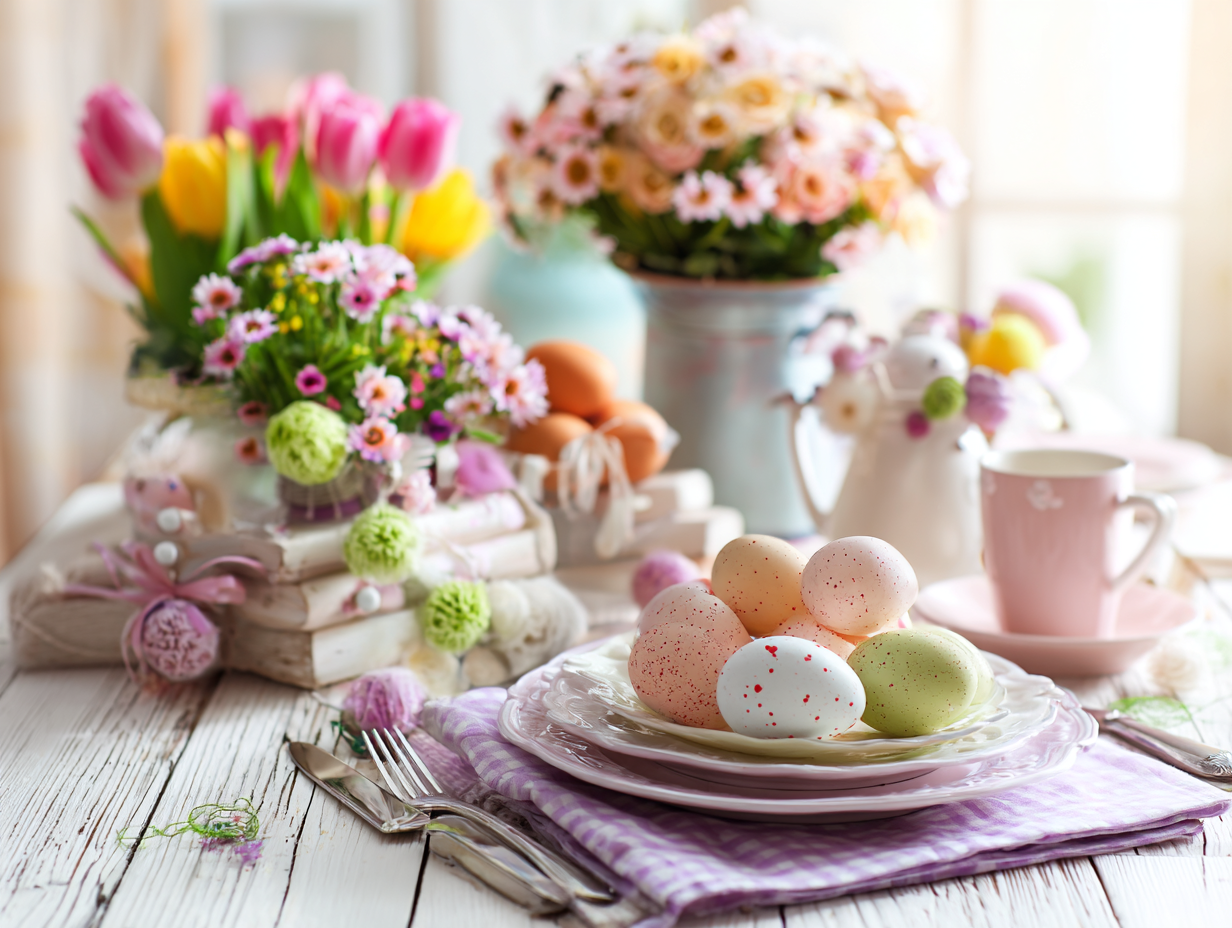 family easter brunch table with eggs and flowers