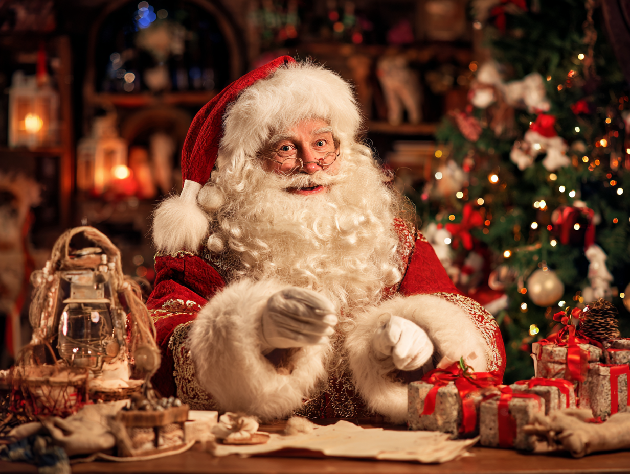 Santa Claus writing a Christmas card at a festive table with gifts and a decorated Christmas tree