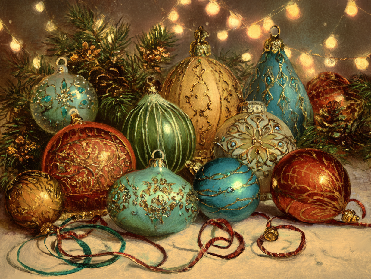 Vintage Christmas ornaments in red, gold, and teal with festive lights and pine branches