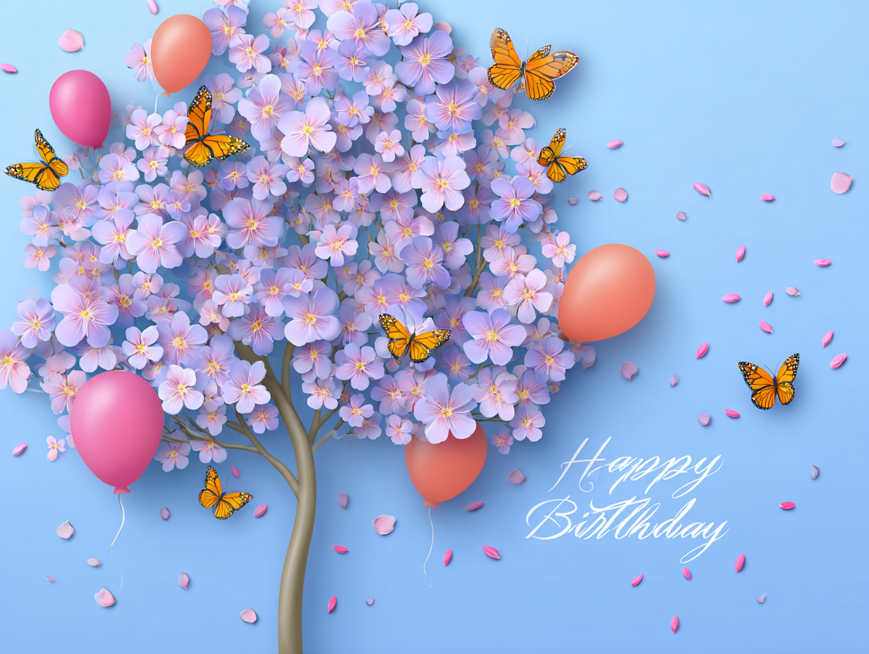 spring birthday ecard with blooming flower tree butterflies and balloons happy birthday design