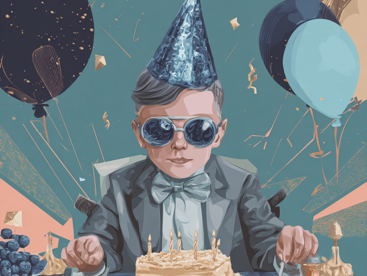 Birthday ecard illustration of a stylish child with cake, balloons, and party decorations.